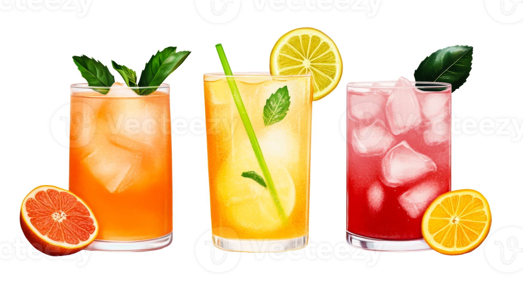 Set of three colorful summer drinks with ice, cut out transparent png