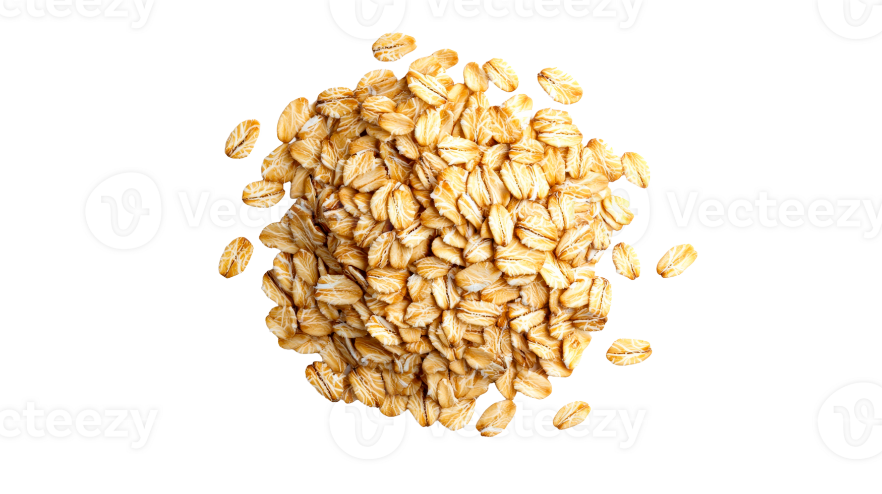 Heap of light rolled oat flakes, closeup on black background, cut out transparent png