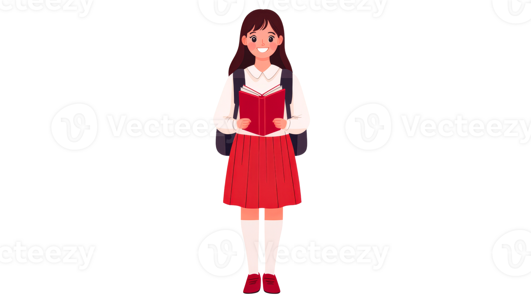 Schoolgirl with book standing, smiling. Student with backpack, cut out transparent png