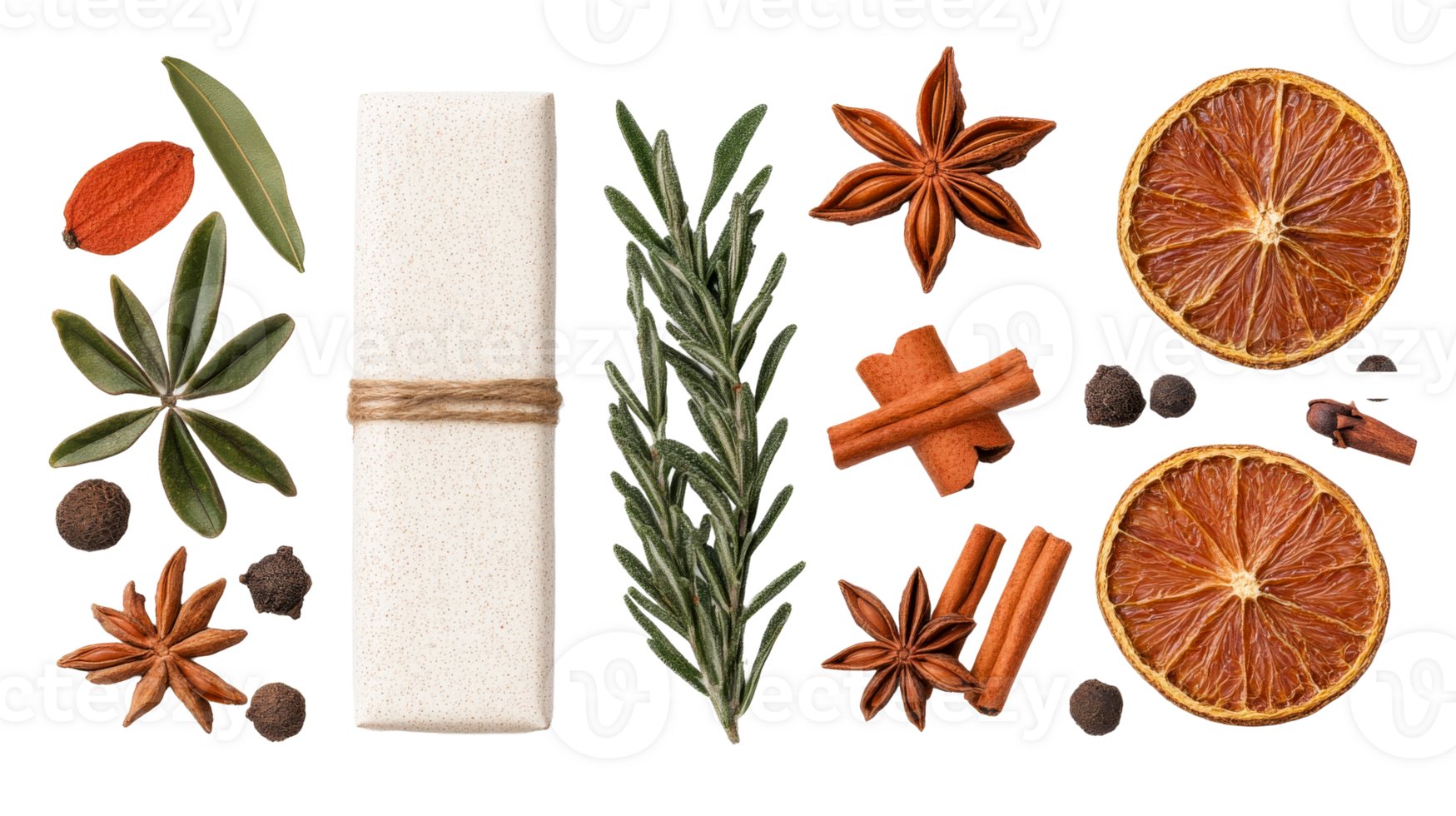 Aromatic spices and herbs on a black background, cut out transparent png