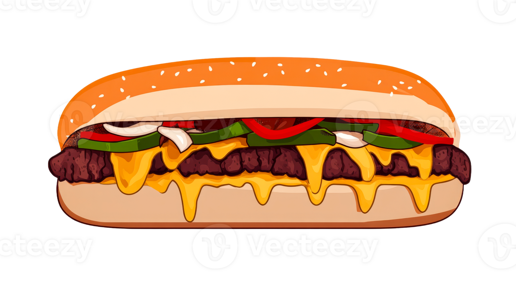 Cartoon-style sandwich with meat and melted cheese topping, cut out transparent png