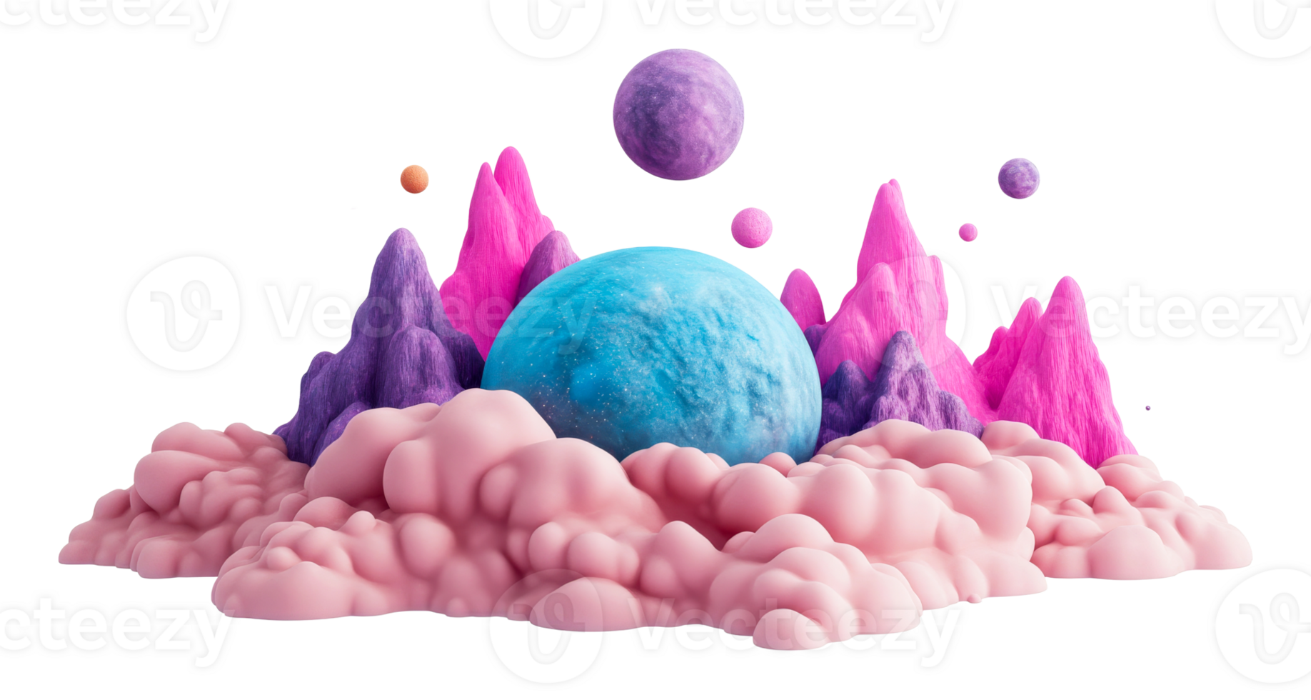 Dreamy landscape with planet and mountains, fantastical concept, cut out transparent png
