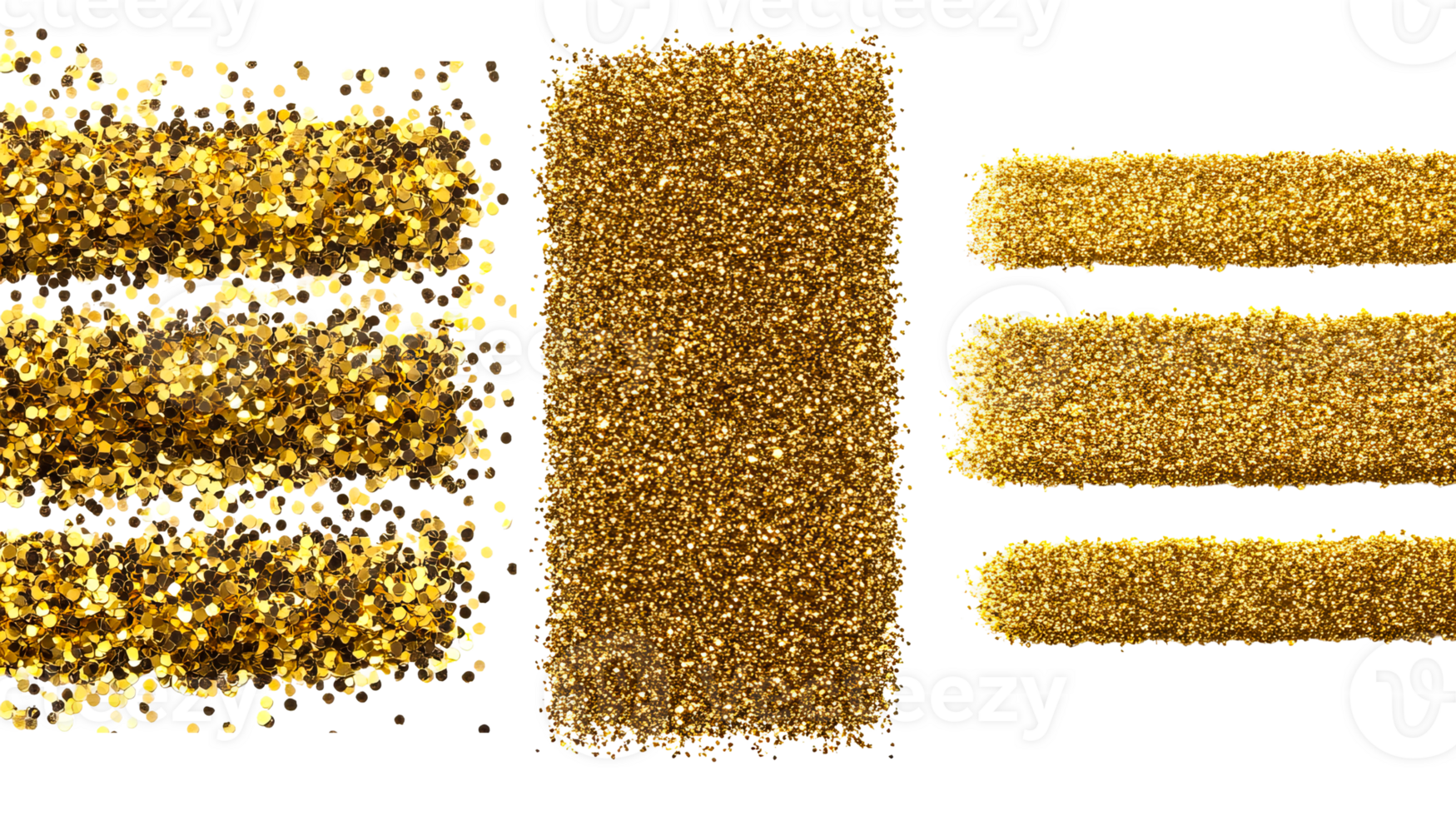 Golden glitter arranged in different shapes and patterns, cut out transparent png