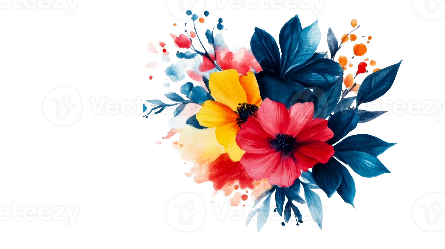 Floral bouquet illustration with red, yellow, and blue flowers, cut out transparent png