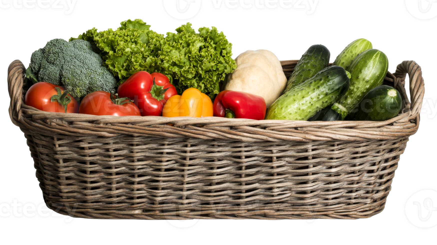 Basket filled with fresh vegetables assortment, close-up, cut out transparent png