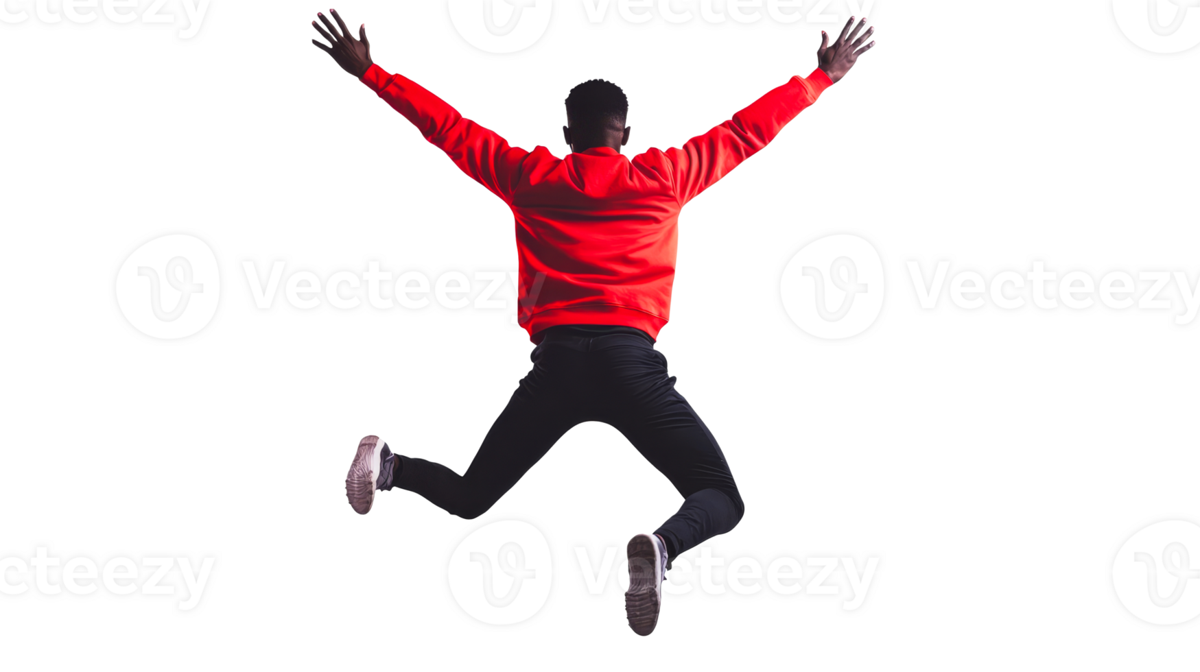 Back view of joyful man jumping with open arms, cut out transparent png