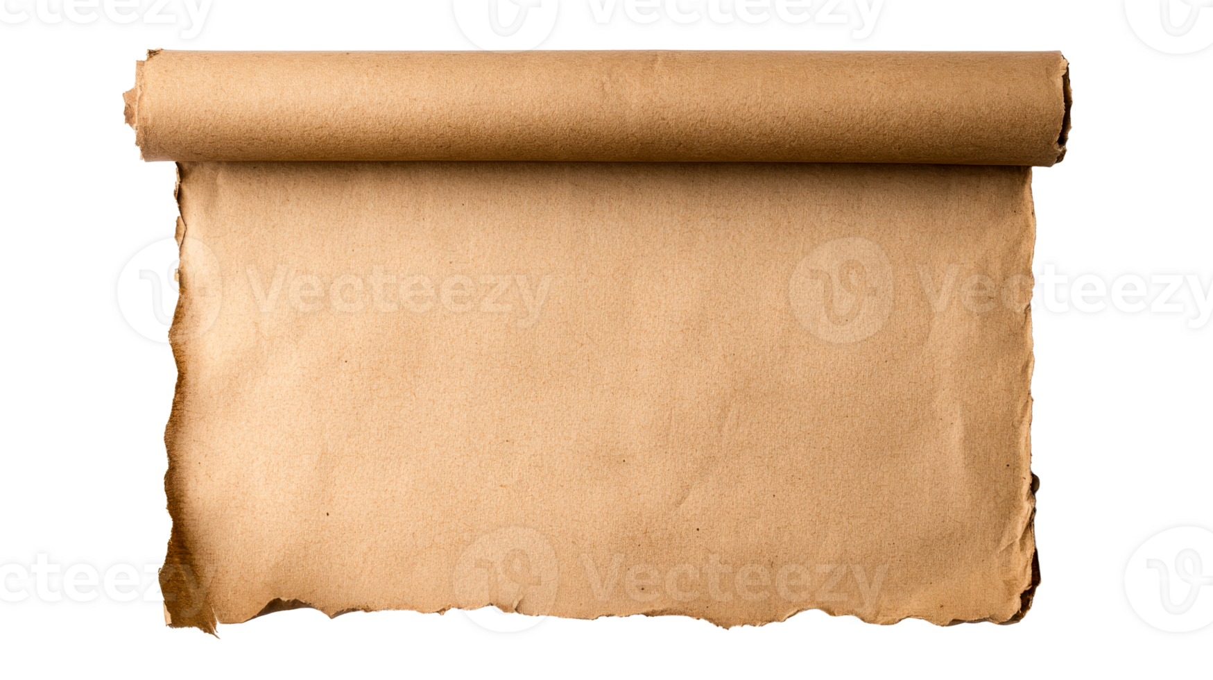 Antique parchment scroll with rolled top and torn bottom edge, cut out transparent png