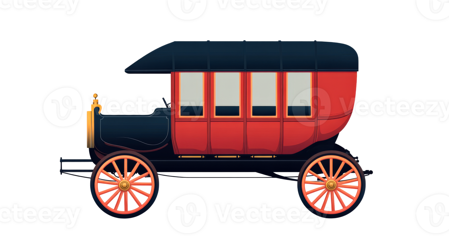 Antique stagecoach illustration in red and black, cut out transparent png
