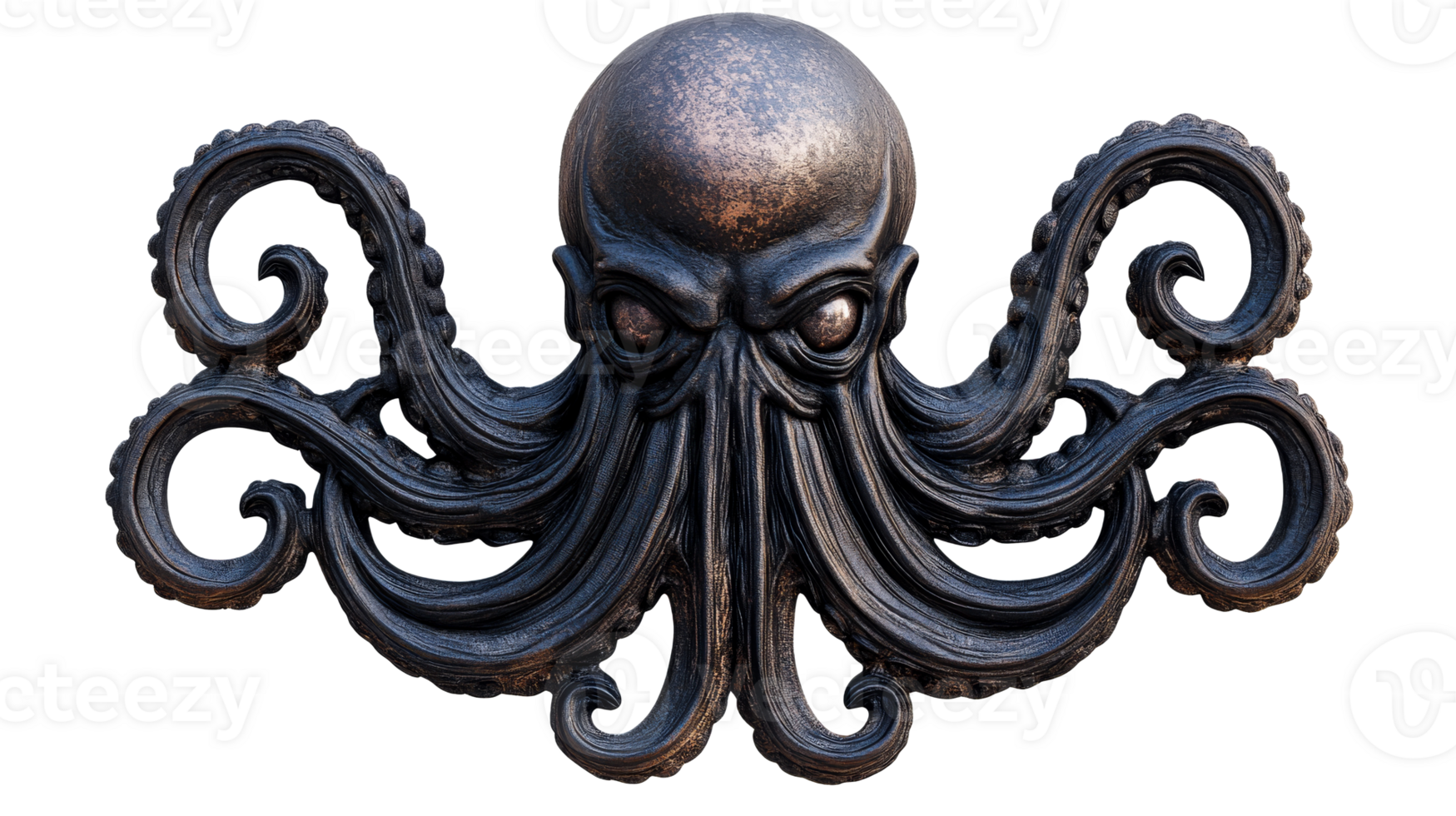 Octopus with a human face, a black statue, cut out transparent png