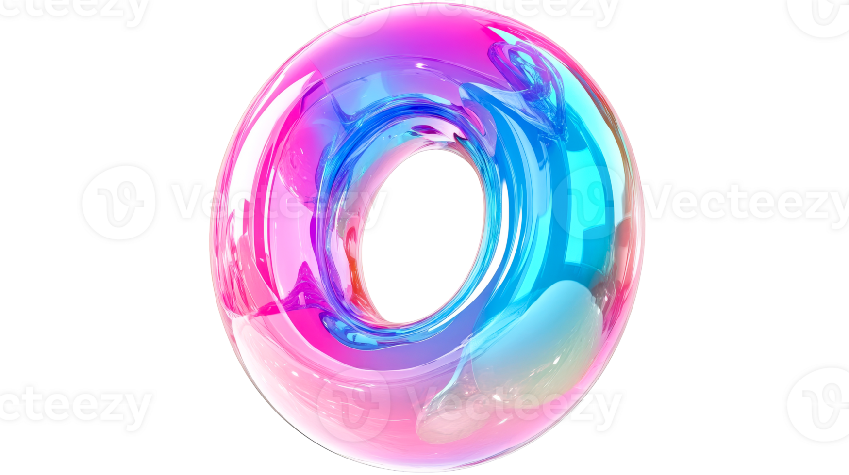 Shiny torus object with colorful iridescent surface design, cut out transparent png