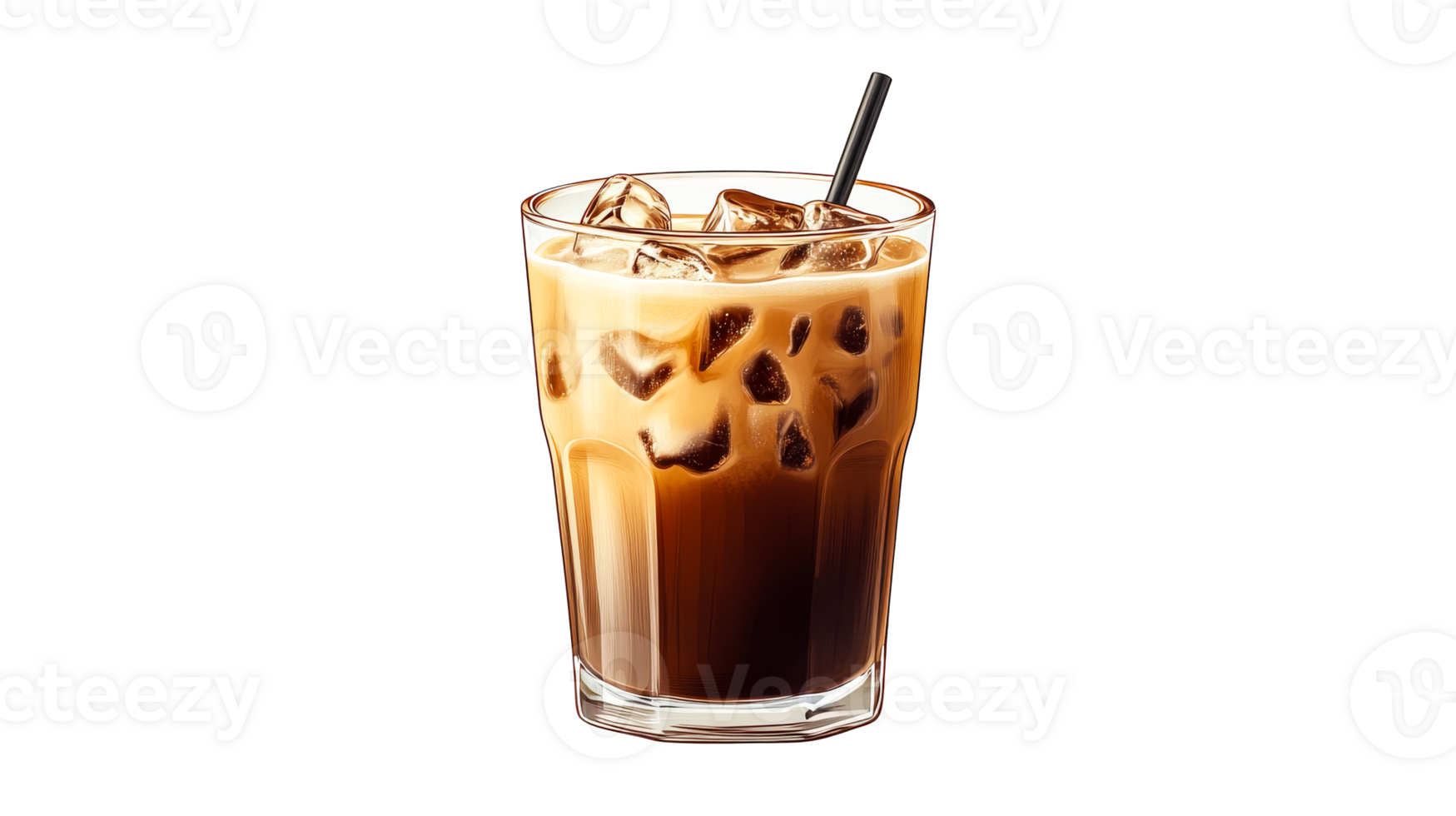 Iced coffee in glass cup with straw, cut out transparent png