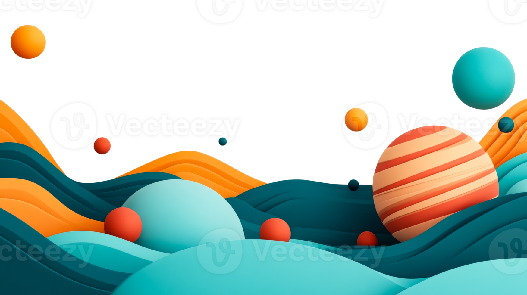 3D render waves and planets on dark backdrop , cut out transparent png