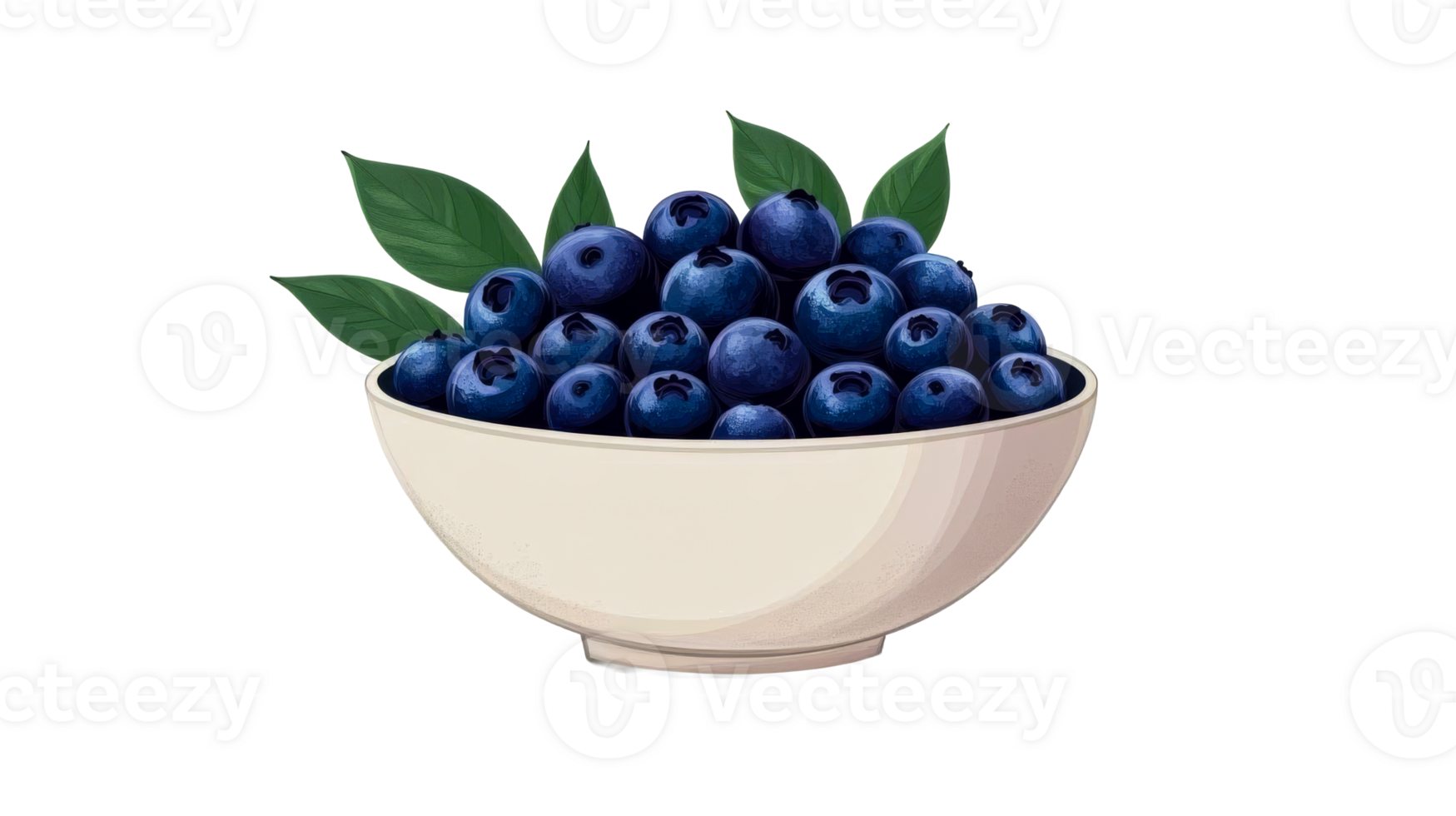 Bowl filled with fresh blueberries and green leaves, cut out transparent png
