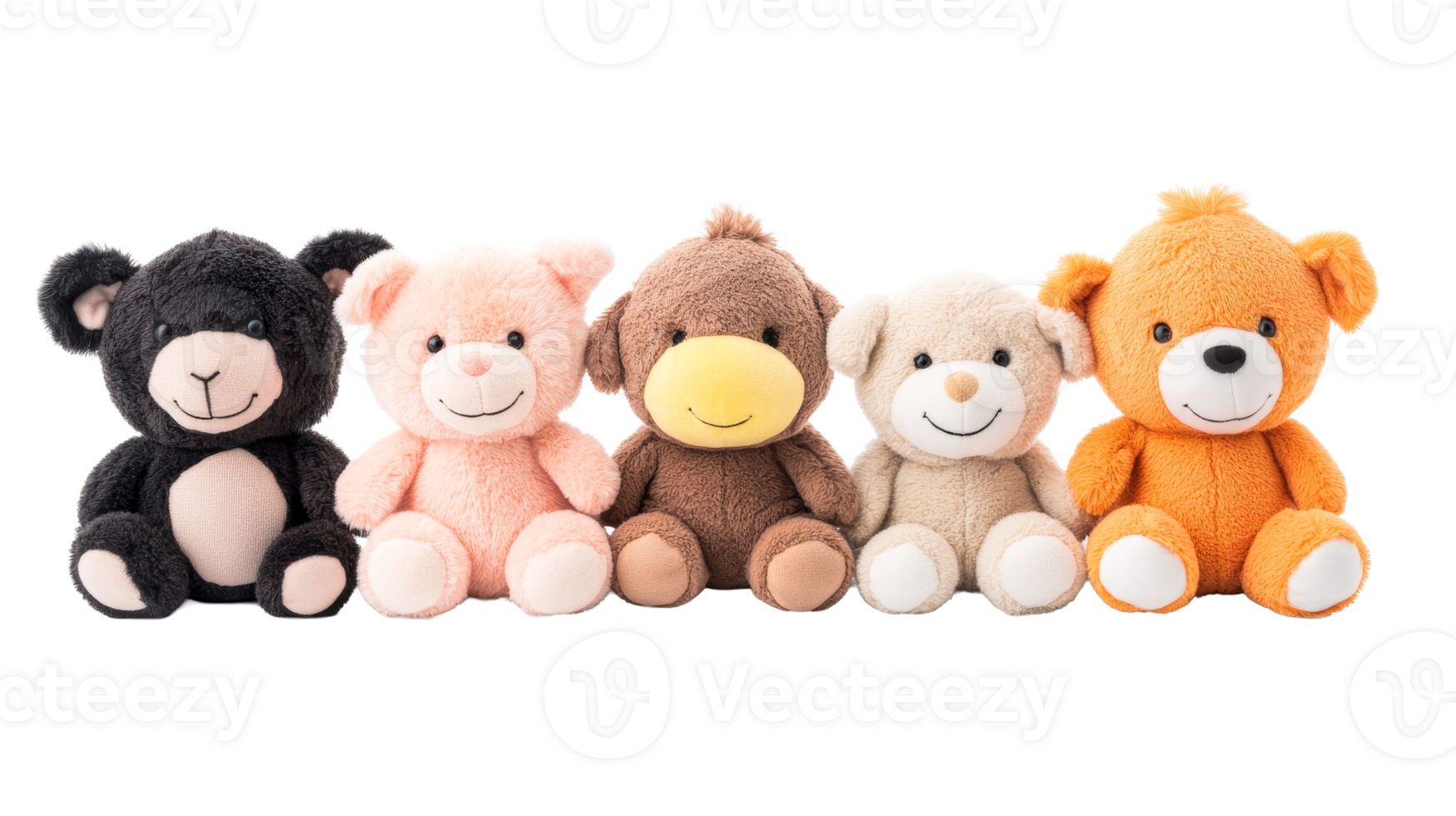 Assorted plush teddy bears in a row, cute and cuddly, cut out transparent png