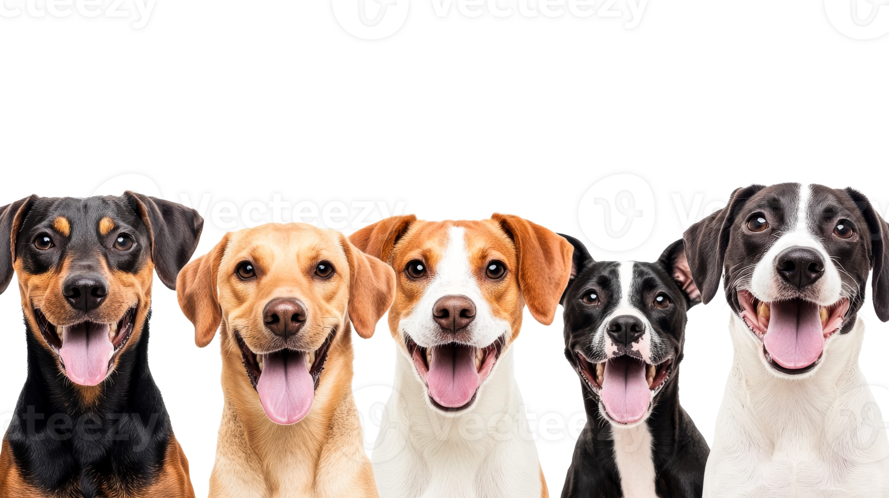 Group of five smiling dogs with tongues out, happy, cut out transparent png