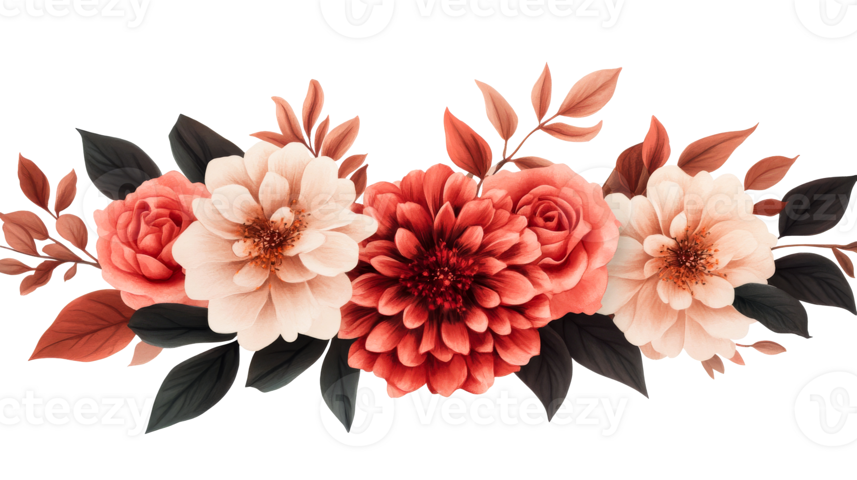 Peach and coral floral arrangement with leaves, cut out transparent png