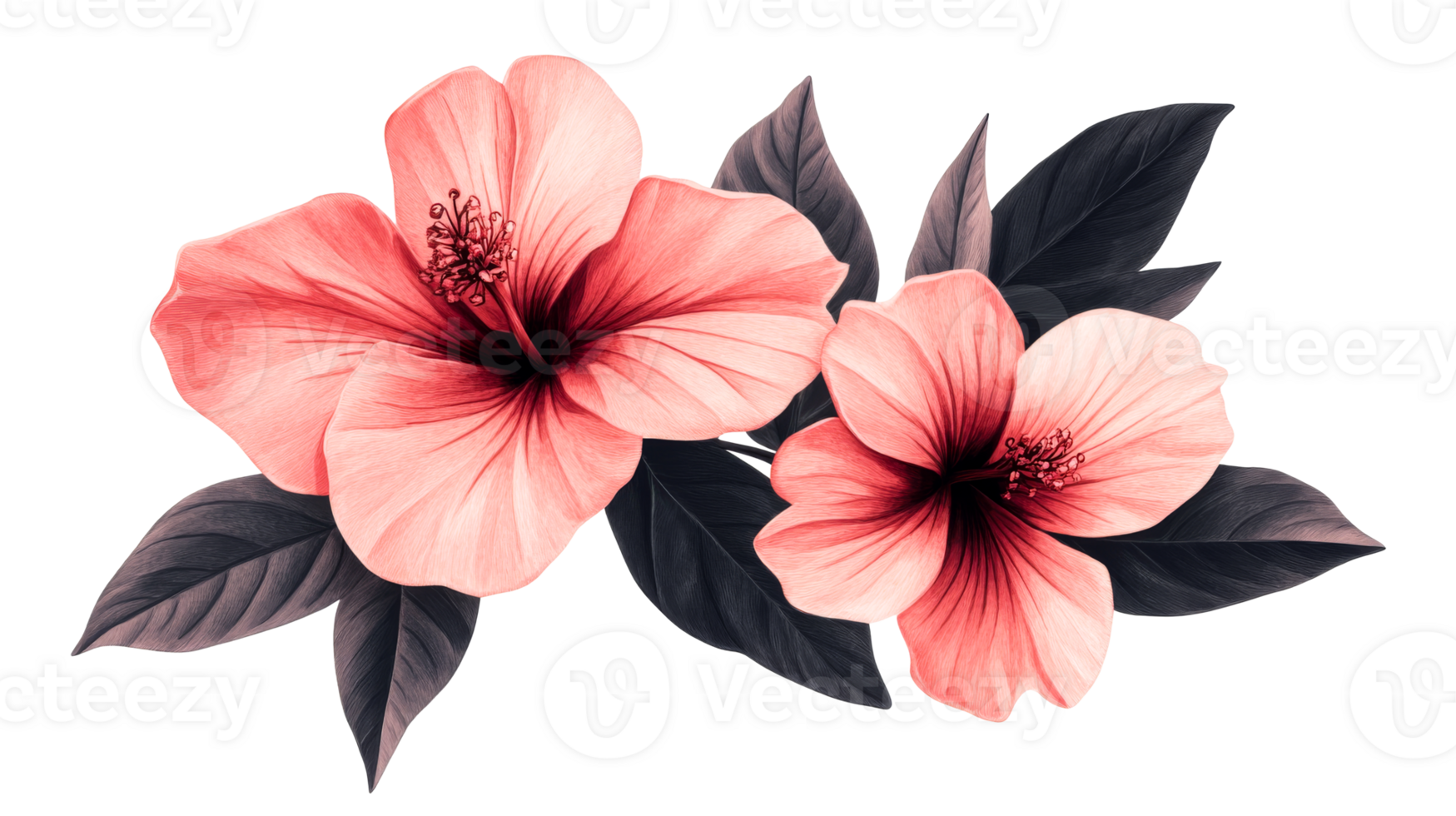 Hibiscus flowers with leaves in pink tones, botanical illustration, cut out transparent png