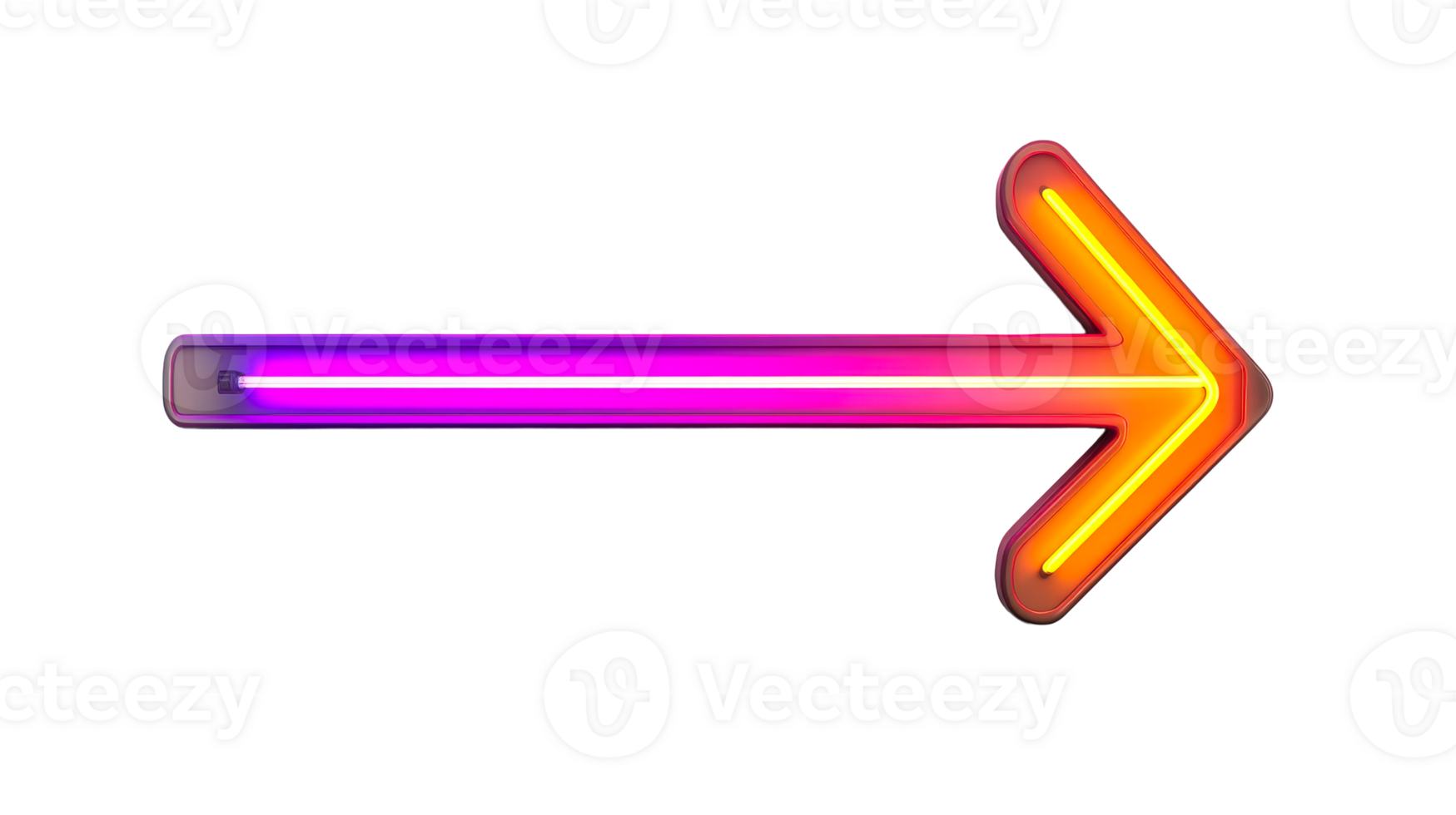 Luminous neon arrow sign, direction indicator, bright color, cut out transparent png