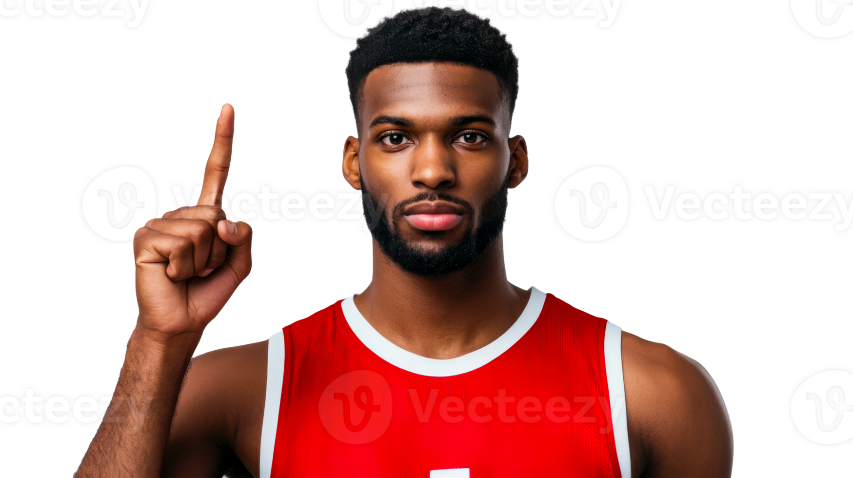 Handsome African-American man in red top points up, cut out transparent png