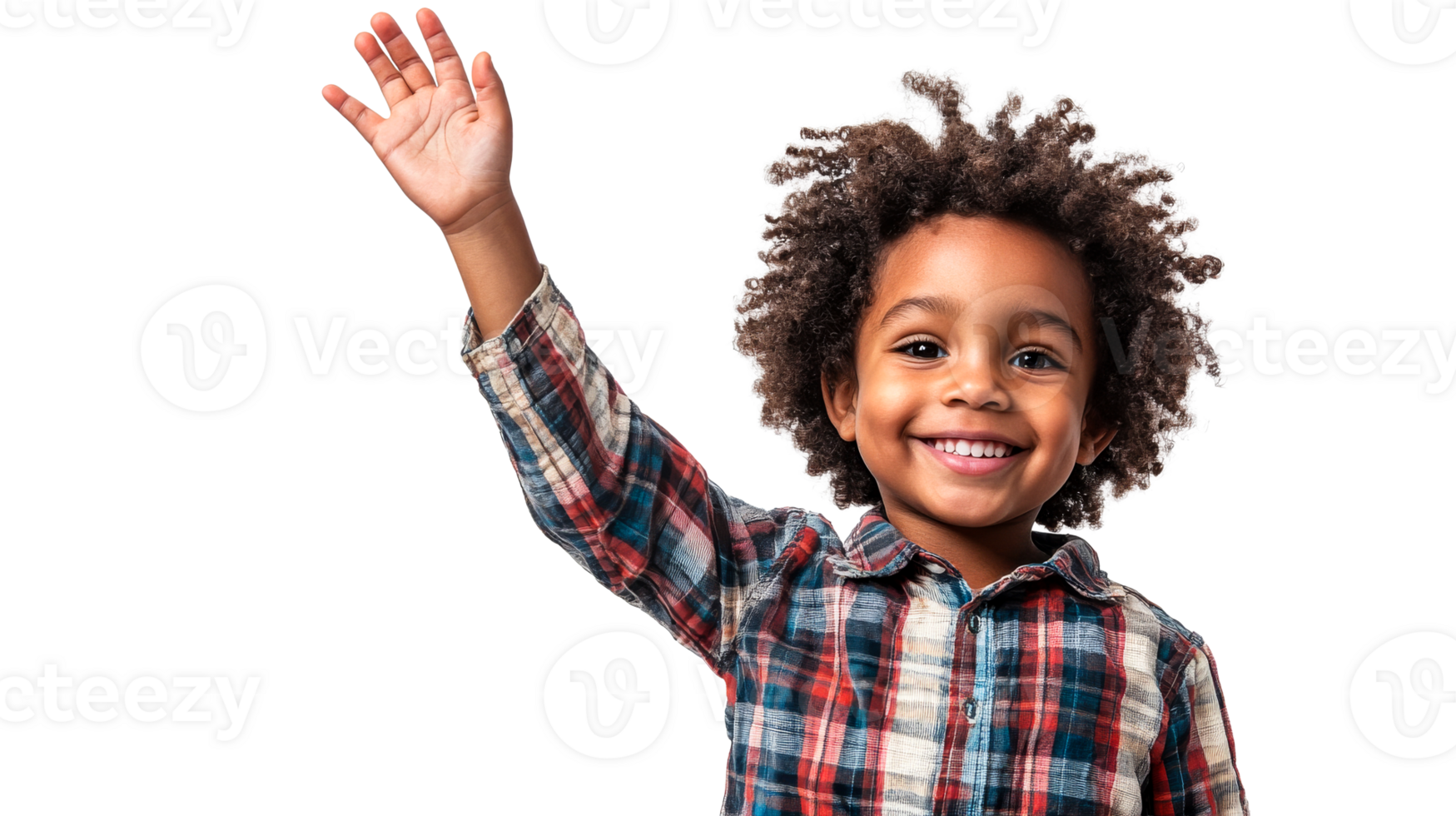 Cheerful boy raising hand, afro hair, plaid shirt, cutout transparent png
