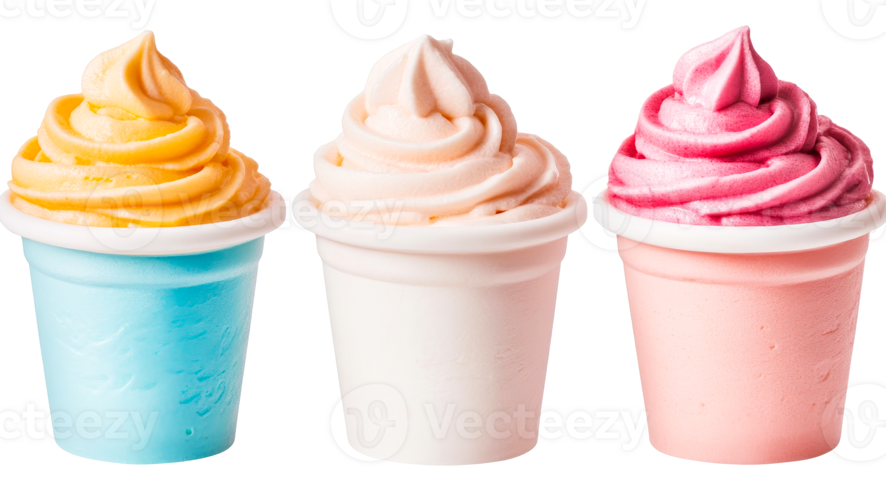 Assorted flavors of frozen yogurt, different cups, cut out transparent png