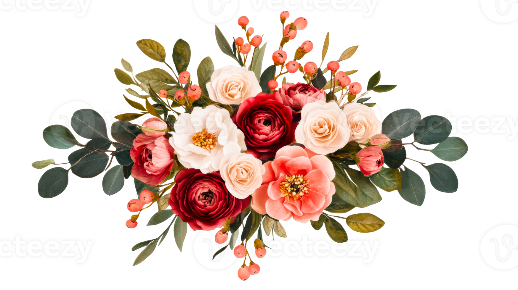 Watercolor floral composition with red roses, leaves, berries, cut out transparent png