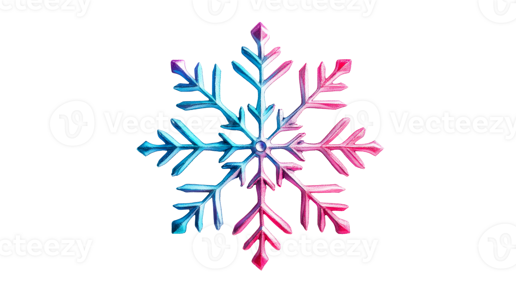 Gradient snowflake design, half blue half pink, isolated, cut out transparent png