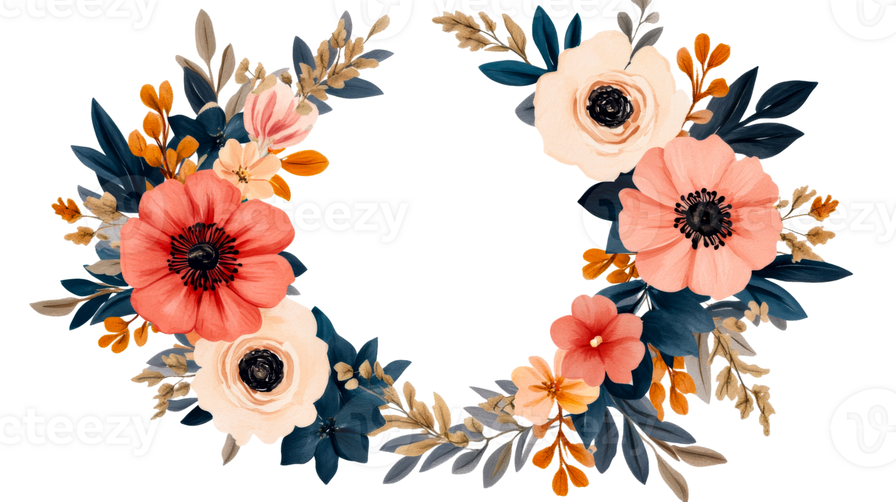 Floral wreath with red, peach flowers isolated on black, cut out transparent png
