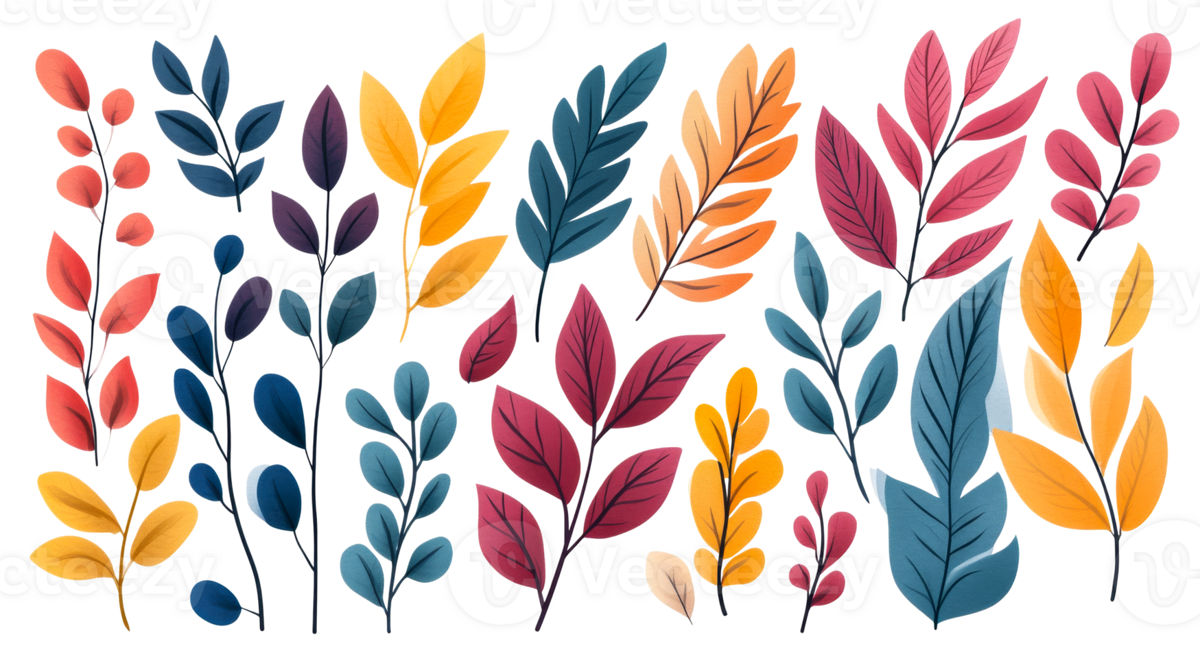 Colorful Leafy Branches Arrangement on Black Backdrop, cut out transparent png