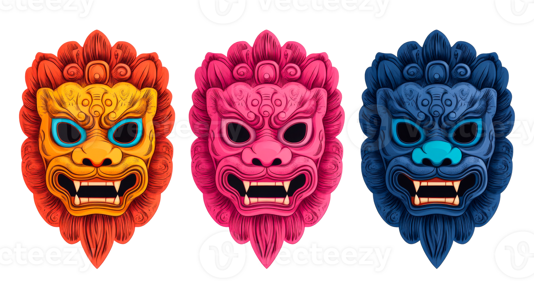 Colorful demon mask set, artistic ornate design, scary face details, cut out transparent png