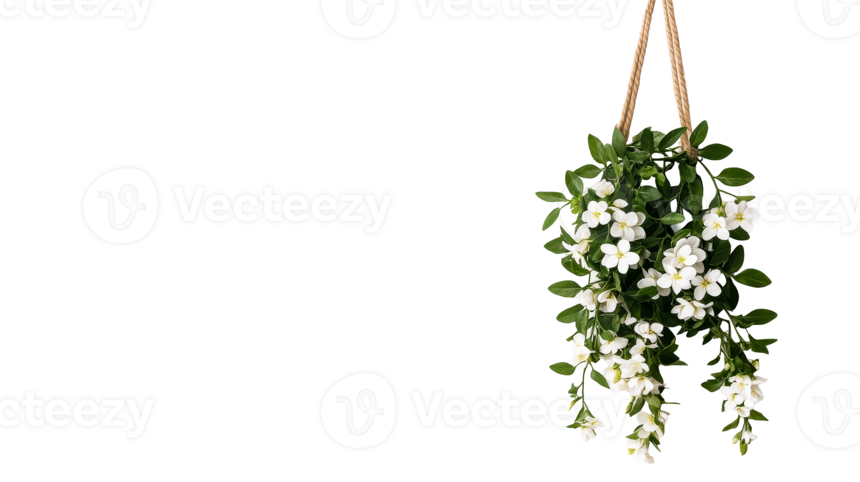Hanging jasmine flowers with leaves on black background, cut out transparent png