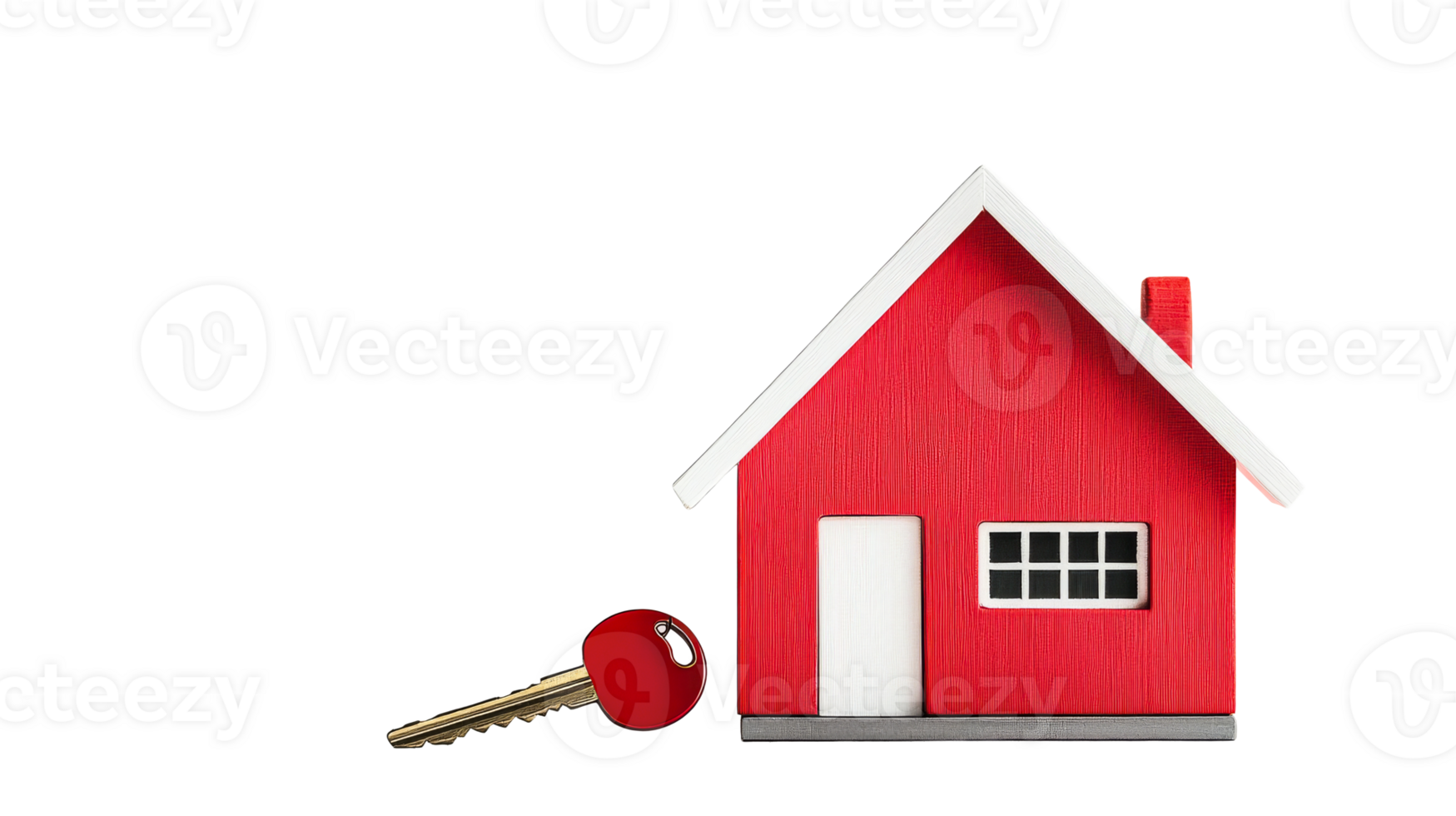 Red house and key on a black background represent ownership, cut out transparent png