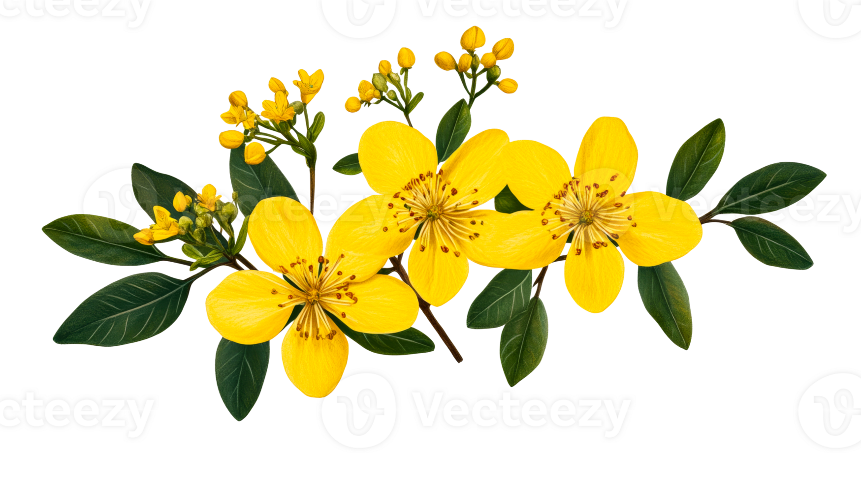 Yellow Hypericum arrangement on black, cut out transparent png