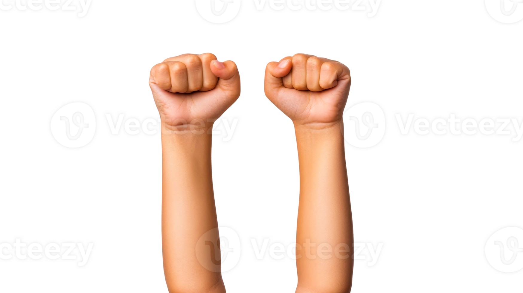 Raised fists in front, strong gesture hands on black, cut out transparent png