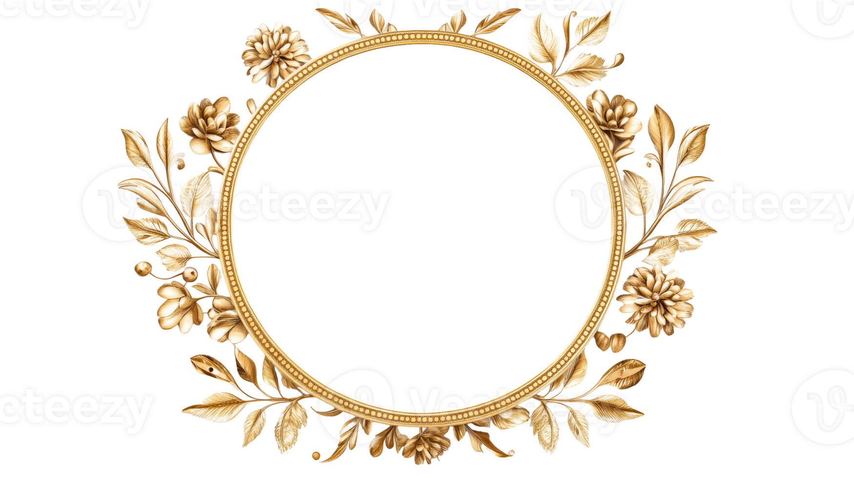 Golden Floral Frame, Ornate Wreath, Flowers and Leaves, Wedding Design, cut out transparent png