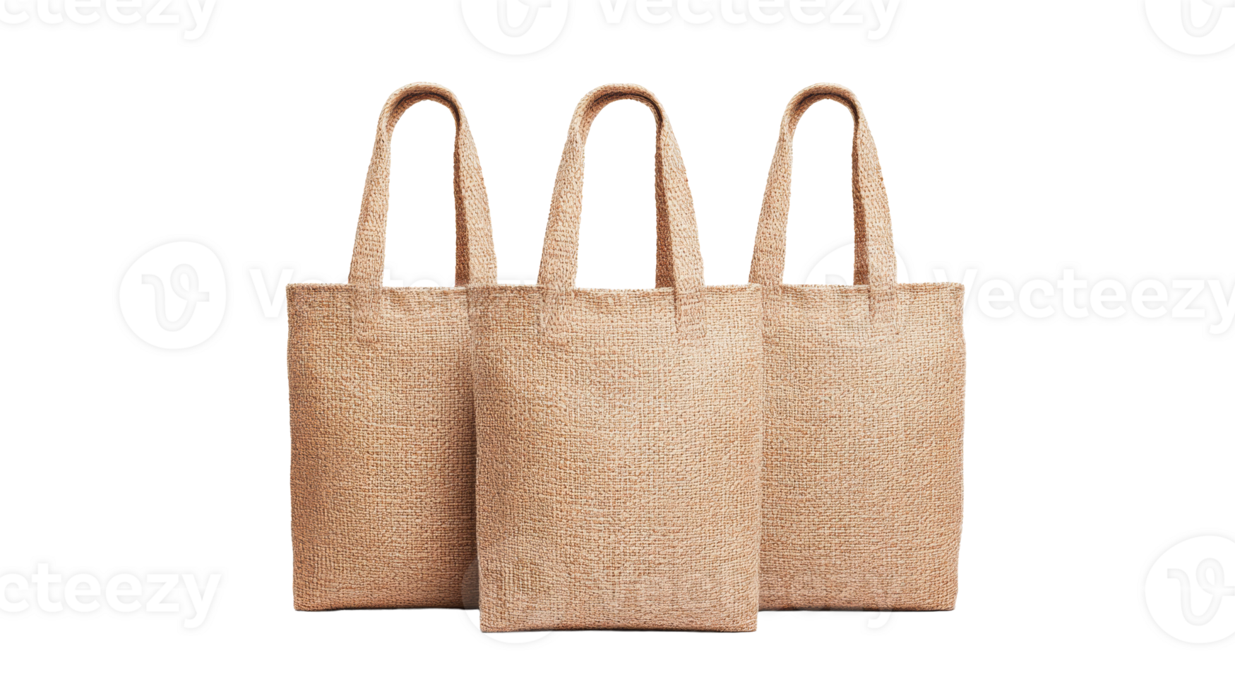 Three jute shopping bags standing close, cut out transparent png