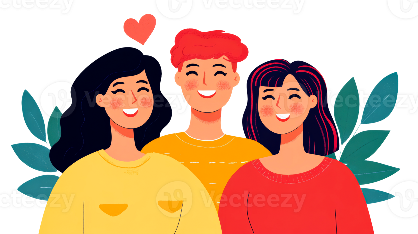 Three diverse friends with heart sharing love, friendship, cut out transparent png