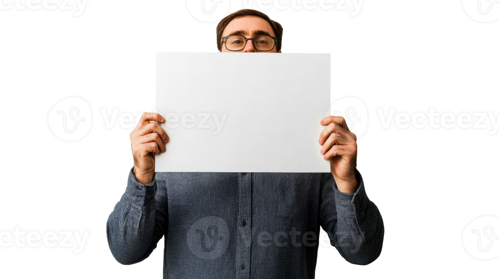 Person with glasses holding blank white poster in hands, cut out transparent png