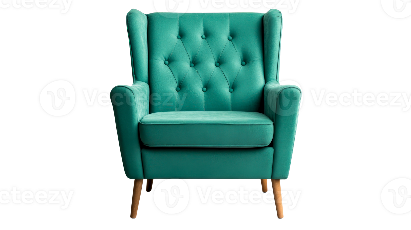 Stylish teal armchair with tufted back, living room furniture, cut out transparent png