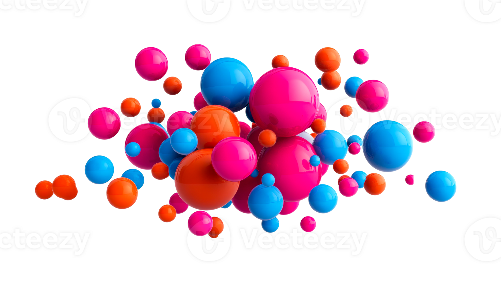 Cluster of glossy spheres in blue, pink, orange, cut out transparent png