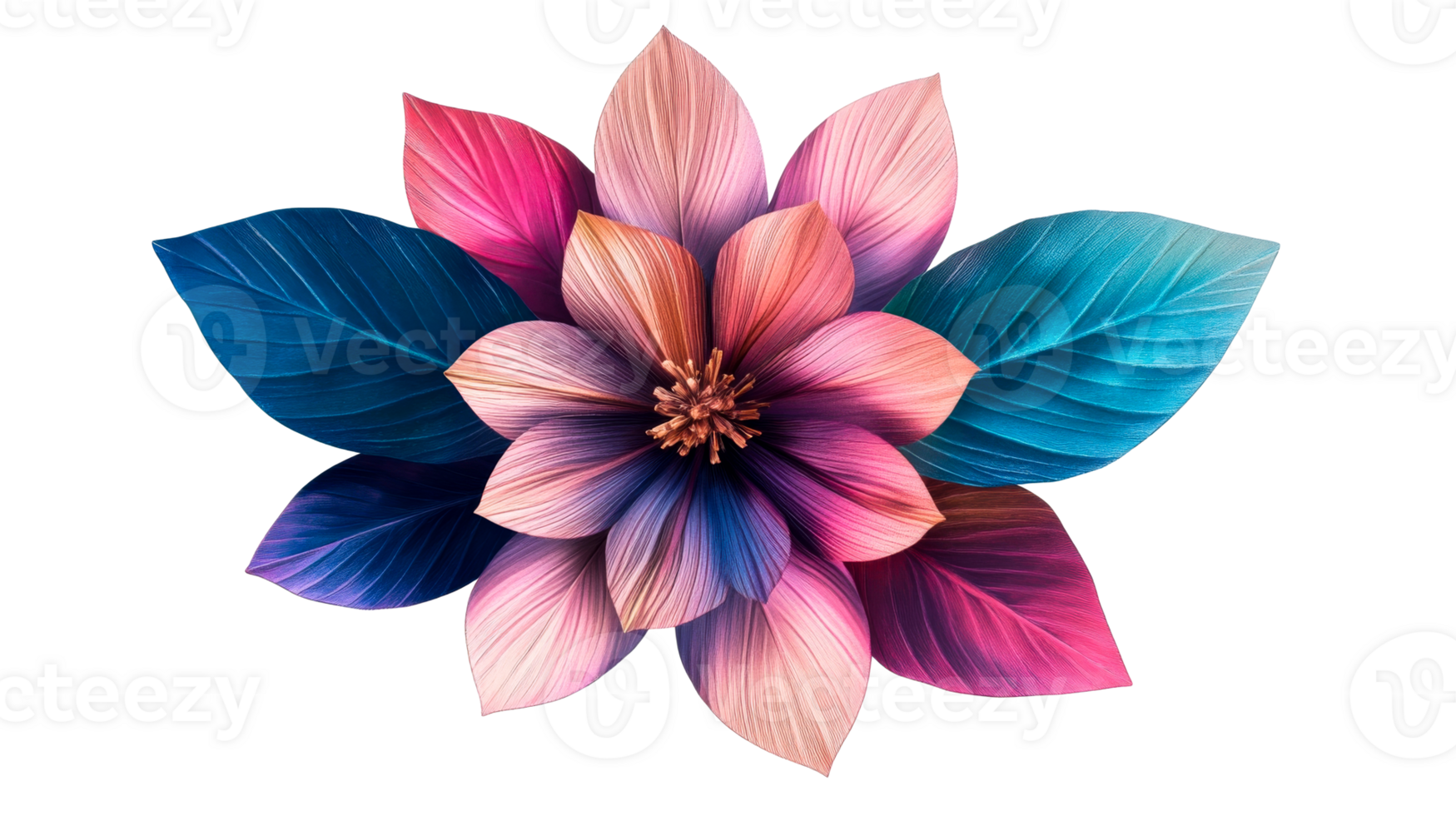 Exotic colorful flower, detailed petals and leaves, cut out transparent png