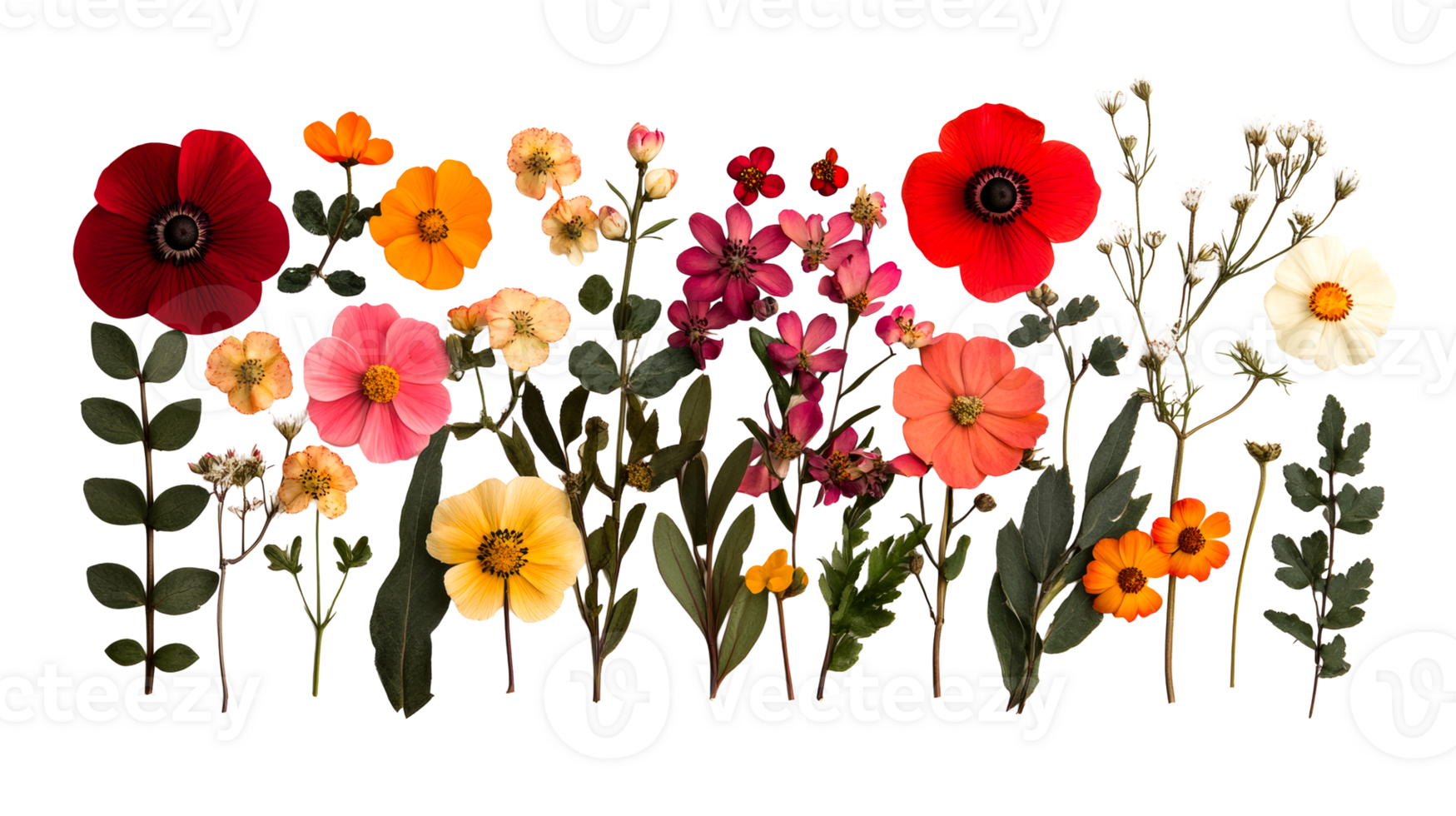 Diverse Colorful Flowers Arrangement Isolated on Black Background, cut out transparent png