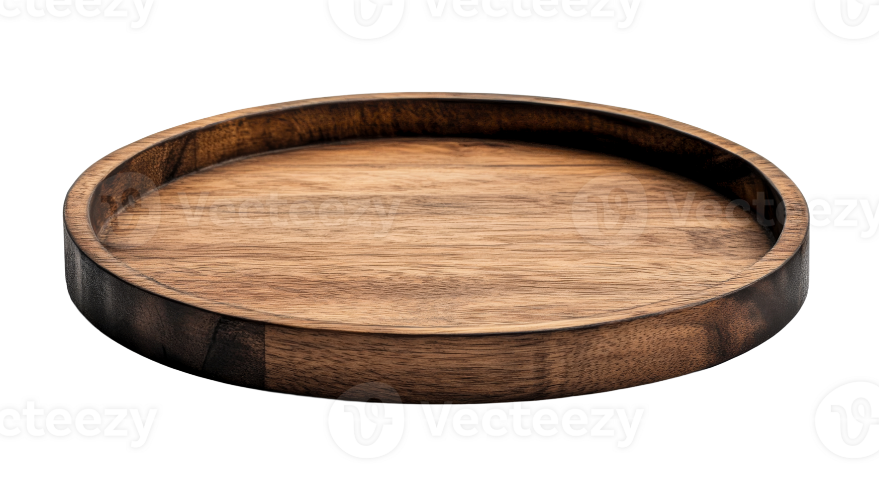 Round wooden tray with grain pattern, empty plate, cut out transparent png