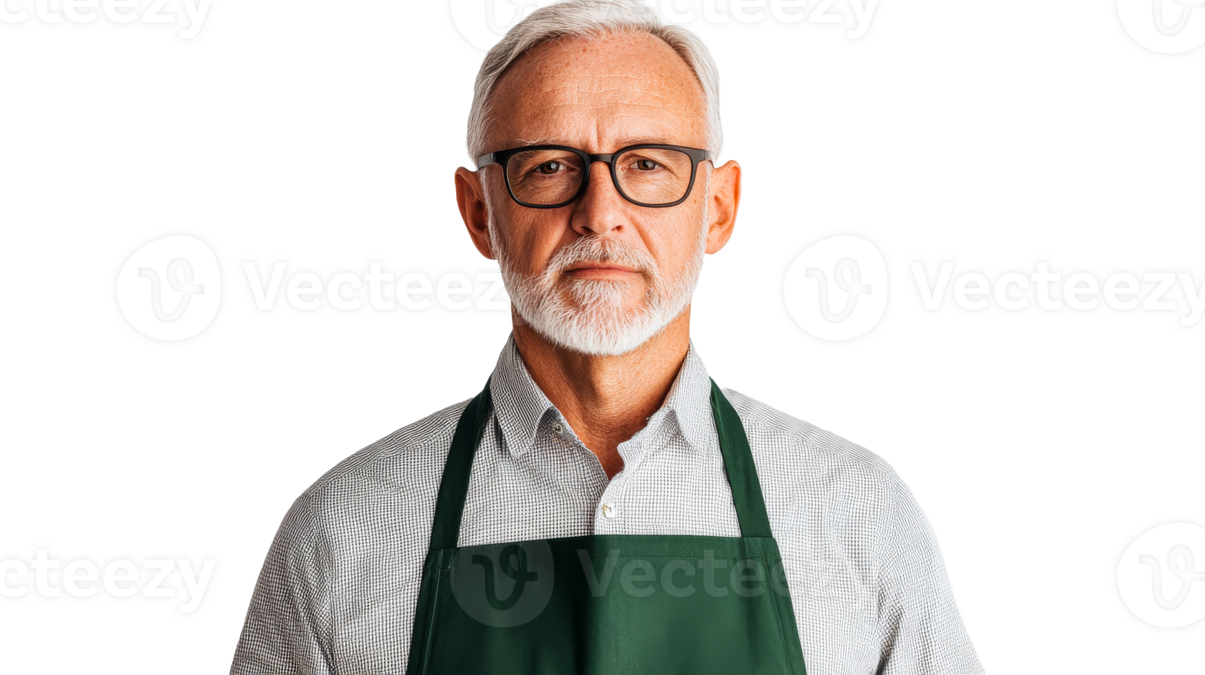 Thoughtful mature man wearing apron, looking serious, cut out transparent png