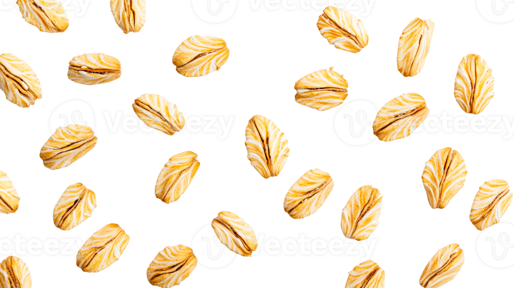 Rolled oats scattered on black background, ingredient, isolated, cut out transparent png