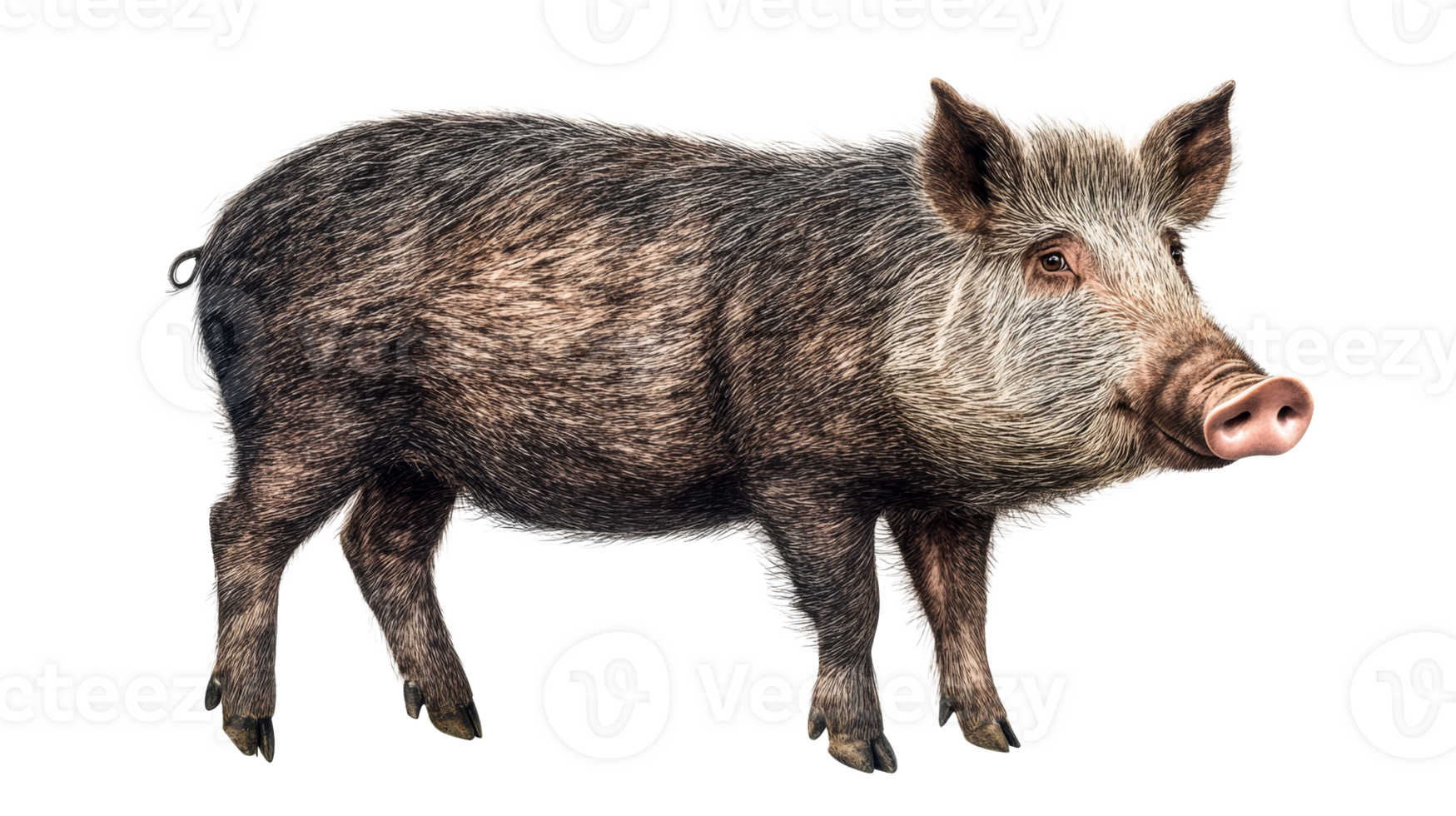 Wild boar illustration with detailed fur, isolated, side view, cut out transparent png