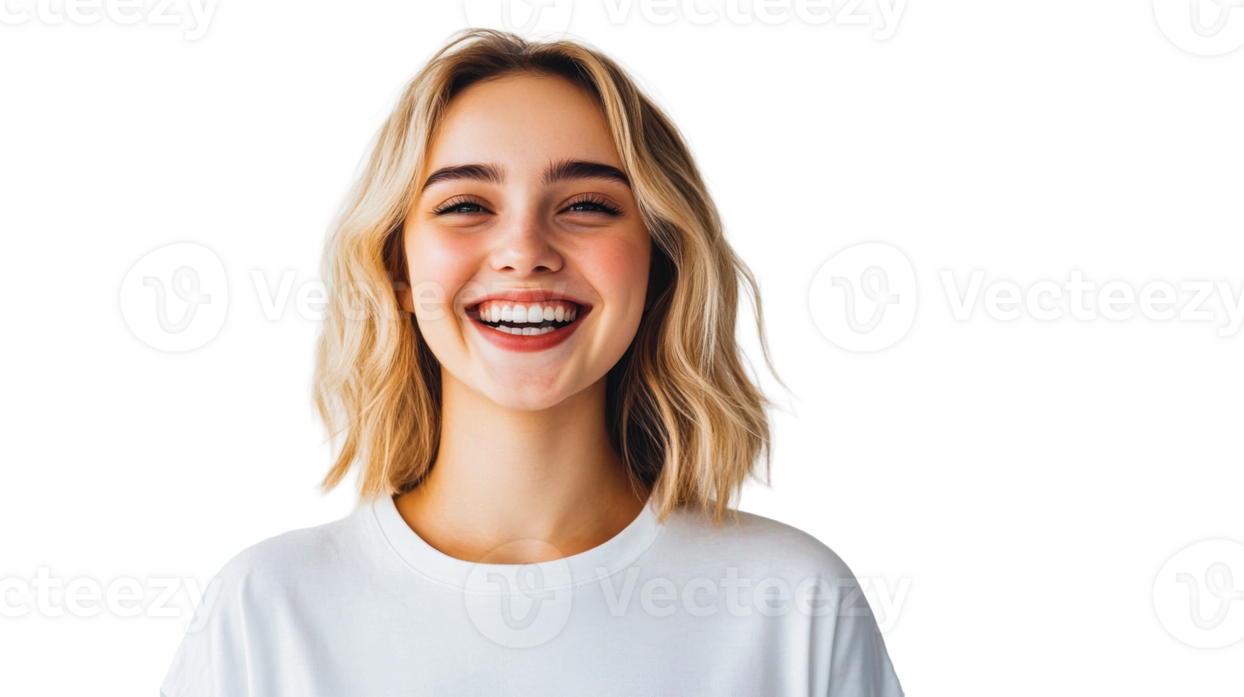 Attractive blond woman in a joyful mood smiles broadly, cut out transparent png