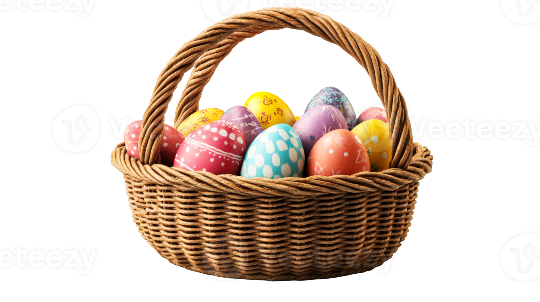 Easter Eggs in Basket Isolated Against Black Background, cut out transparent png