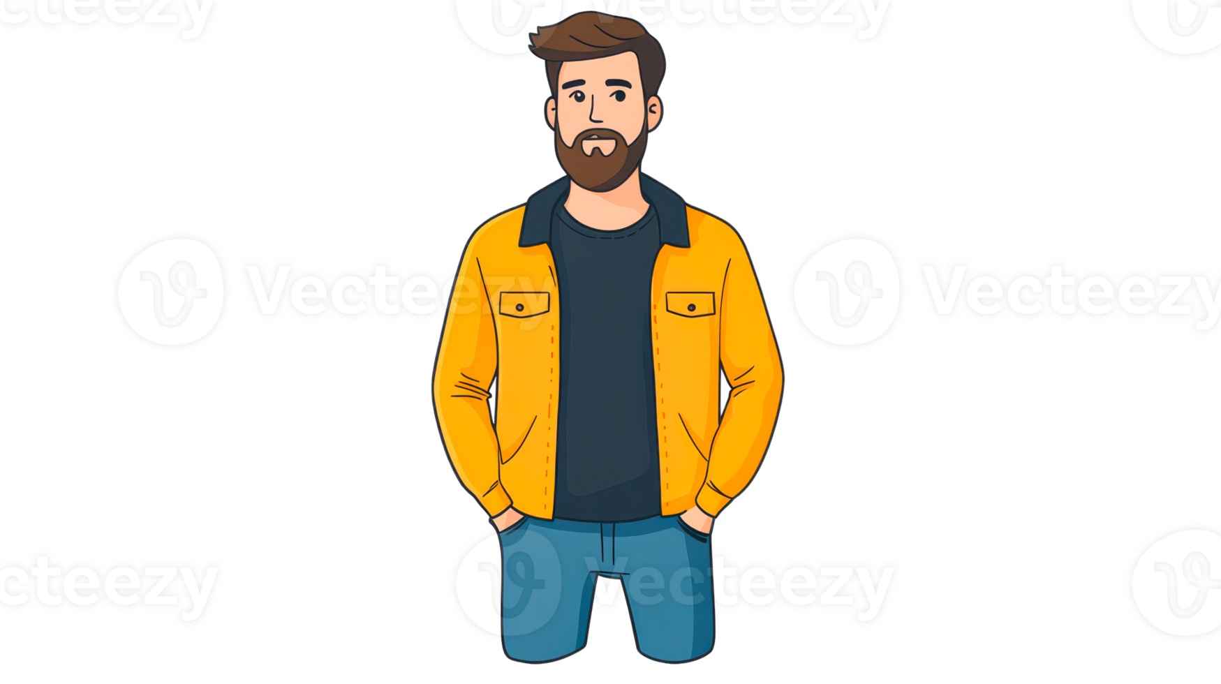 Cartoon bearded man with hands in pockets, cut out transparent png