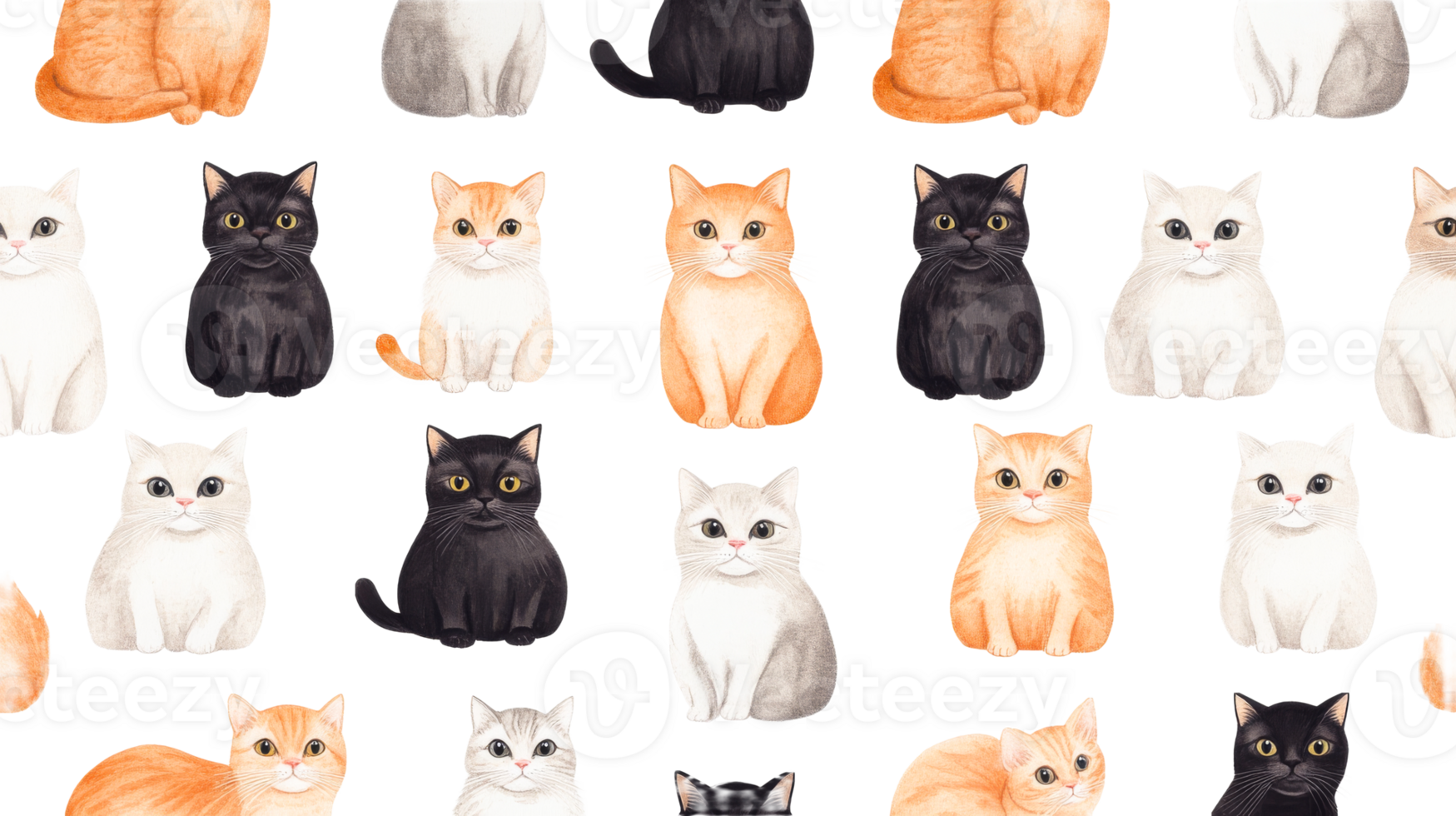 Watercolor seamless cat pattern design, cute feline animals , cut out transparent png